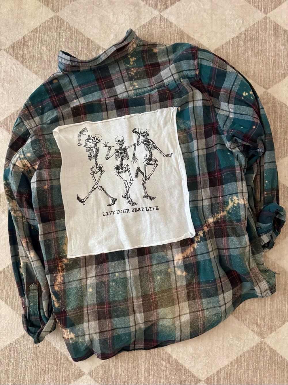 Green Plaid Men's Flannel Shirt with Skeleton Patch - Live Your Best Life